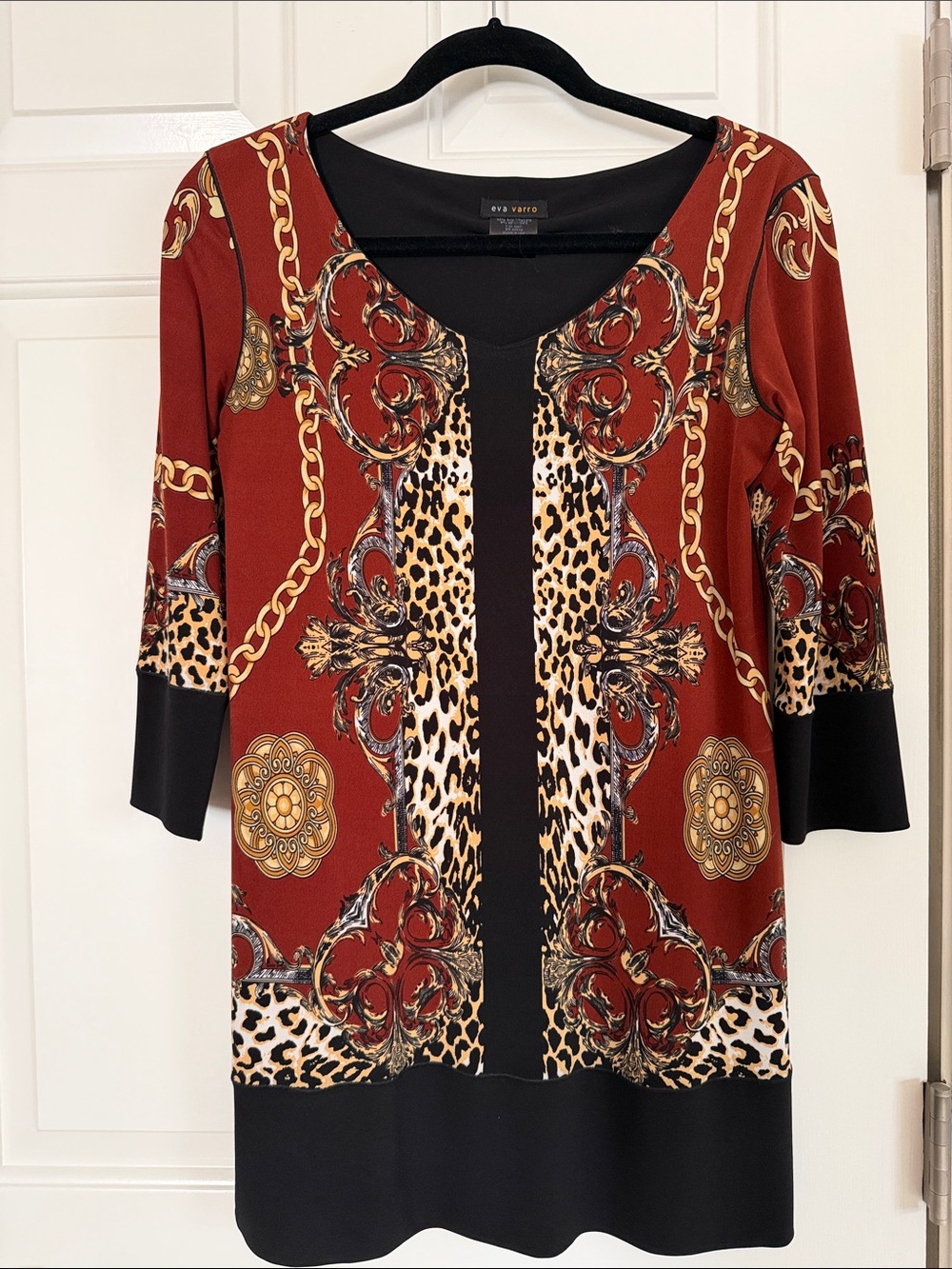 eva varro Rust Red, Black & Leopard-Print Chain Accent Tunic Dress